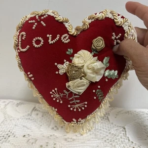 VTG Red Velvet Heart Shape Pillow White Fringes LOVE Pearls Appliqué Flowers 7” - Picture 1 of 20