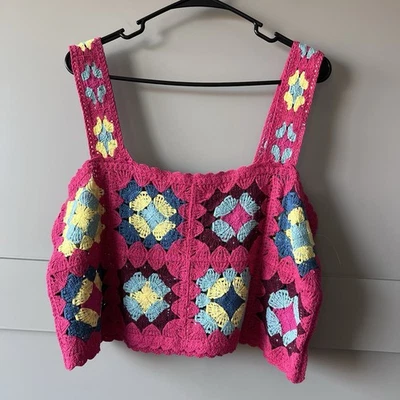 Witty Fox Floral Crochet Crop Tank Top Womens XL Pink Festival Geometric Boho - Image 1 of 4