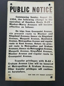 NEW YORK BROOKLYN SERVICE CHANGE B-29 BUS TROLLEY BMT TRANSIT NOTICE POSTER 1954 - Picture 1 of 1