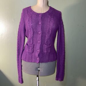 Fossil Women's Cable Knit Cardigan Size Large Purple Plum Wool Blend Button Up