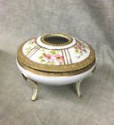 Hand Painted Nippon Footed Hair Receiver Pink Flowers Gold Edge