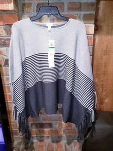 GREIGO-Lg/XL-Light Gray & Charcoal Striped, Fringed, Heavyweight Sweater - Picture 1 of 12