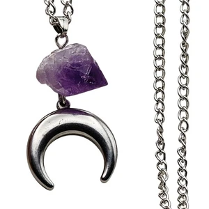 Genuine Amethyst Silver Crescent Moon Necklace - Picture 1 of 8