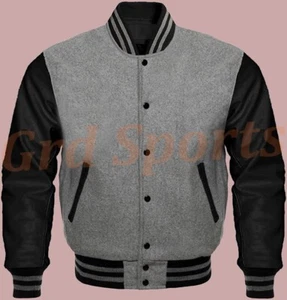 Varsity Letterman Baseball Bomber Jacket in Gray Wool and Black Leather Sleeves - Picture 1 of 2