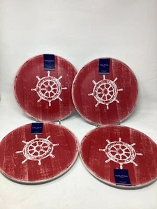 NAUTICA Melamine Dinner Plates Red White Nautical Captain Wheel Set Of 4 New - Picture 1 of 4