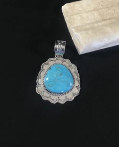 Navajo Made Kingman Turquoise Sterling Silver Hand Stamped Pendant Necklace - Picture 1 of 2