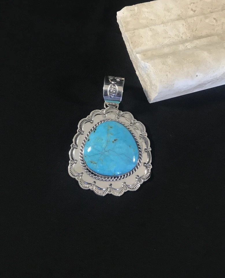 Navajo Made Kingman Turquoise Sterling Silver Hand Stamped Pendant Necklace - Image 1 of 2