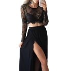 Sexy Women Lace See Through Sheer Long Sleeves Crop Top Short Blouse Tshirt