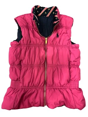 二手状况完好 女孩 粉色和蓝色 RALPH LAUREN POLO 双面 PUFFER 下背心 尺寸 L (12-14) — 第 1/4 张图片