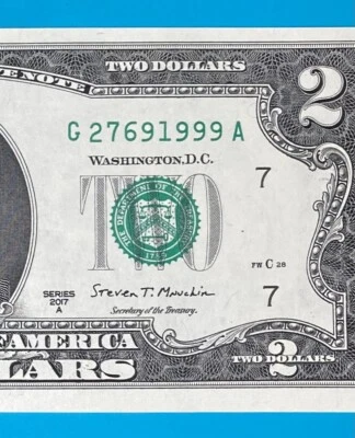 TRAILING YEAR 1999 (G 2769 1999 A) $2 Two Dollar Bill Serial Number 2017A *UNC* - Image 1 of 3