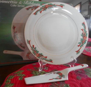 Poinsettias Ribbons Cake Server (10 1/2") Spatula Tienshan Stoneware White Red ! - Picture 1 of 15