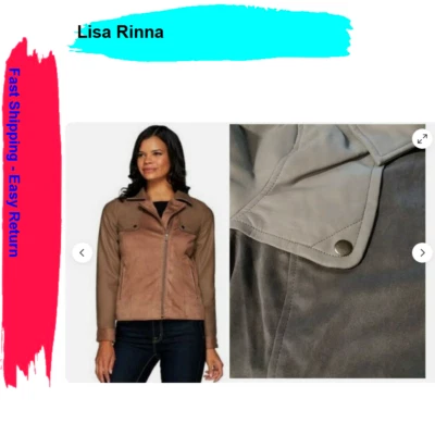 New Lisa Rinna Black Faux Suede & Leather Moto Jacket Charcoal Size 6 - Image 1 of 4