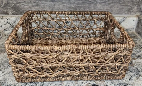 PreOwned Woven Wicker Rectangular Rattan Basket with Handles Metal Frame 13 1/2" Cover