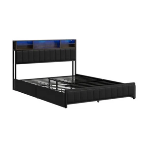 Bed Frame Queen Size with LED Storage Bedhead 4 Drawers Leather - Picture 1 of 7