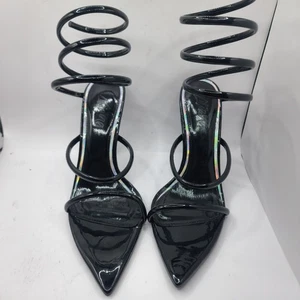 Liliana Damen 10 schwarz Lack spitz zulaufend Stiletto-Absätze Spirale Knöchel Wickeloptik - Bild 1 von 6