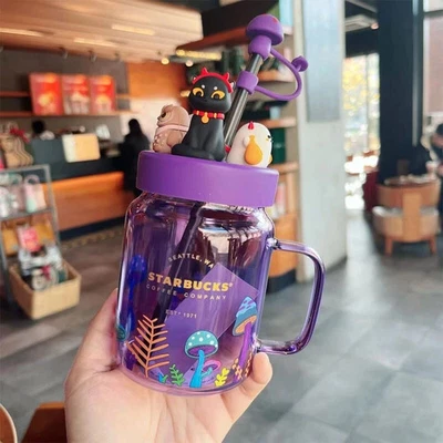 Starbucks China 2021 Halloween Noche Elfo Púrpura 18oz Vidrio Masón Paja Taza Foto 1 de 4