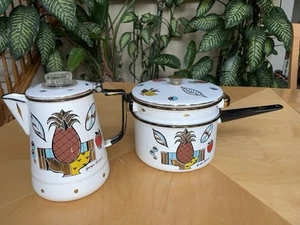 4 Pc Lot Georges Briard Sauce Pan & Coffee Pot MCM Enamelware Pineapple Ambrosia - Picture 1 of 11