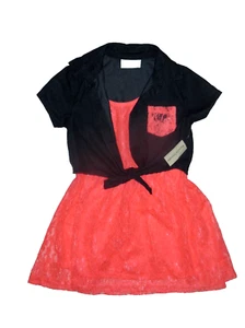 Bobbie Brooks Girls Dress Size S (6/6X) Orange Lace and Navy Denim New With Tags - Picture 1 of 9