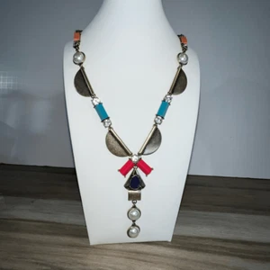 Colorful Resin Beads Antiqued Brass Faux Pearls And Crystal Y-Drop Statement Fun - Picture 1 of 8