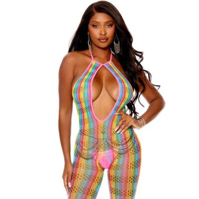 Bodystocking a Rayas Arco Iris Sin Pie Entrepierna Halter Cerradura Orgullo 12102 Foto 1 de 4