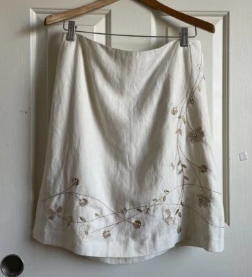 Jillian Jones Women's size 12 A-Line Ivory Linen Lined Embroidered Flower Skirt - Image 1 of 4
