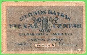Lithuania 1 Centas 1922 P7 * VF * Series: A * - Picture 1 of 2