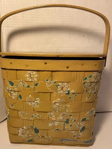 Putney Basketville Flower Painted Floral Daisies Basket Hinged Lid 1970s Vtg Cover