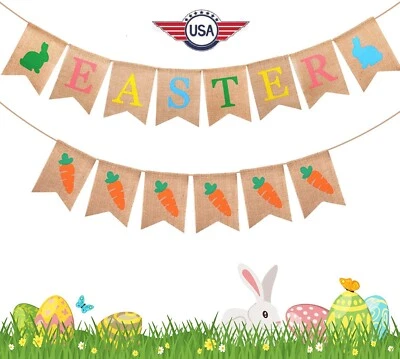Linda guirnalda de arpillera con estampado de conejo de fiesta de Pascua zanahoria y conejito nueva EE. UU. Foto 1 de 4