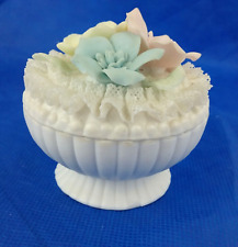 Vintage Lenwile Ardalt Verithin Porcelain Lace Flower Round Vanity Trinket Box