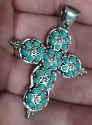 Colgante Cruz Racimo Turquesa Plata de Ley 925 Firmado BARSA 17,4 Gramos 2" Foto 1 de 4