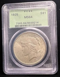 1925 Peace Dollar - PCGS MS64 - 90% Silver - Graded Coin - Green Label - Picture 1 of 4