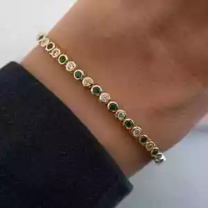 6.75 Ct Round Lab Created Emerald and CZ Tennis Bracelet 14K Yellow Gold Plated - Picture 1 of 9