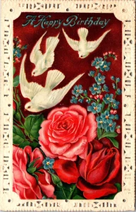 Geburtstagsgruß Postkarte mit Tauben & roten Rosen, geprägter weißer Rahmen - Bild 1 von 2