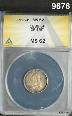 1889 GREAT BRITAIN SIXPENCE ANACS CERTIFIED MS62 PALE RAINBOW COLORS! #9676 - Image 1 of 3