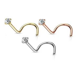 Clear Gem Prong 9K Real Gold Nose Screw Stud 20g 22g 24g Yellow White Rose #901 - Picture 1 of 1