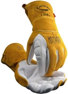 Caiman White/Gold Goat Grain Kontour Welding Gloves Arched Wrist Unlined Palm - Picture 1 of 7