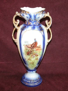 FABULOUS 2 HANDLED FLOW BLUE "BIRD" URN/VASE w/GOLD HIGHLIGHTS - Picture 1 of 8