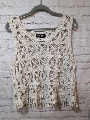Pantalones de mezclilla DKNY crochet para mujer talla XL recortados cuello redondo top algodón crema ratón Foto 1 de 4