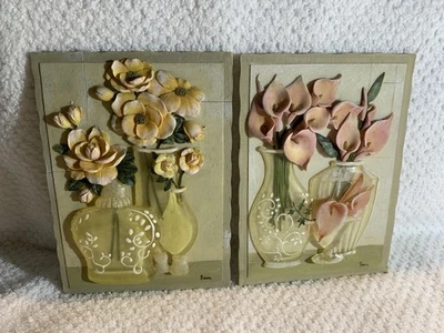 Vtg 3D Wall Art Tiles Light Yellow And Pink Flowers In Resin Vases Boem Set Of 2 - Image 1 of 4