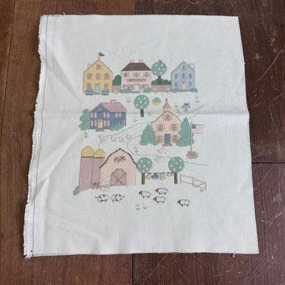 Vintage Cross Stitch Pastel Farm Scene Nursery Decor COMPLETE Ready to Frame - Image 1 of 4