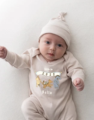 Personalised Babygrow & Hat Set Classic Pooh Bear | Custom Name and Year Gift - Image 1 of 4