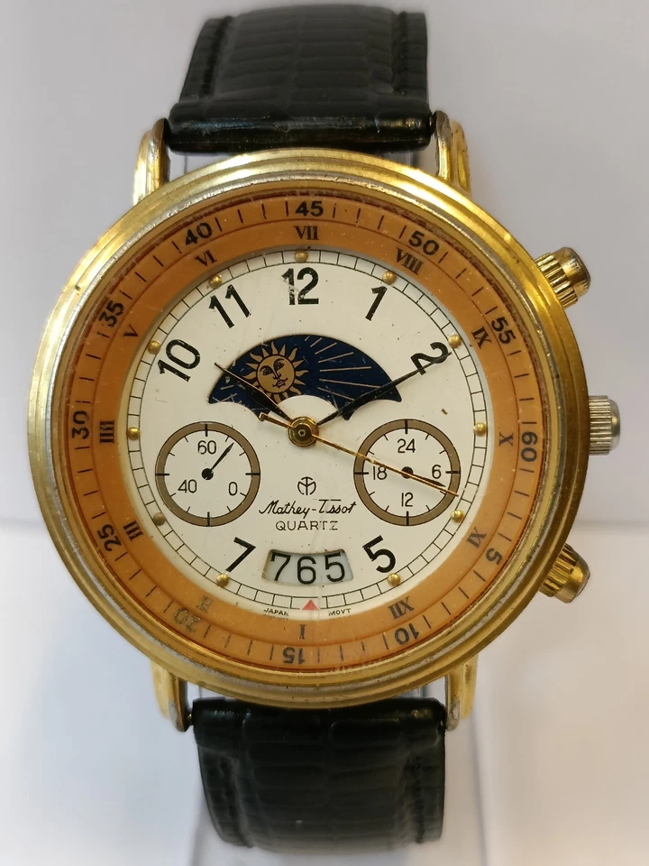 MATHEY-TISSOT FASE LUNAR CUARZO PÁTINA ESFERA BLANCA 821262 JAPÓN HOMBRE FUNCIONANDO Foto 1 de 4