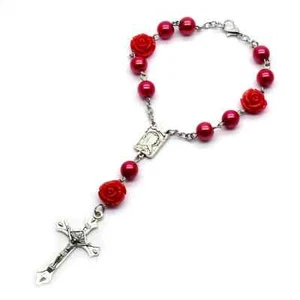 Red Glass Pearl Rosary Bracelets Resin Rose Flower Cross Religious Jewelry - Picture 1 of 1
