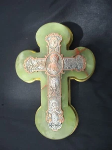 ANTIQUE FRENCH RELIGIOUS ONYX SILVER & BRONZE CRUCIFIX CROSS ENGRAVED CHAMPLEVE - Picture 1 of 12
