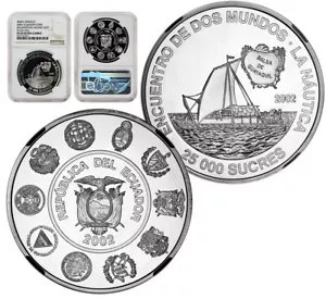 ECUADOR 25.000 Sucres 2002 Argento NGC PF69 'Ibero-America - Zattera in legno di balsa' - Foto 1 di 4