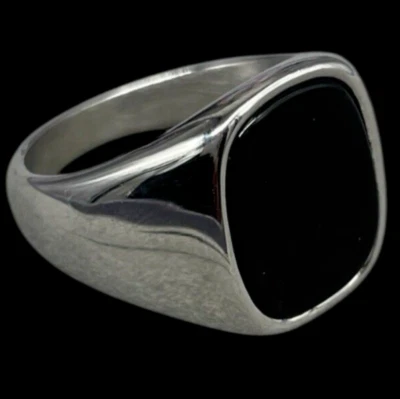 ANELLO UOMO PIETRA NERA CENTRALE LISCIA ONICE DI ACCIAIO INOX MISURA 17 ITALIANA - Immagine 1 di 4