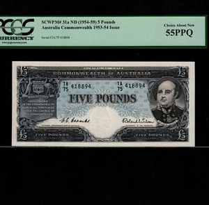 Australia 5 Pounds 1954-59 P-31a * PCGS AU 55 PPQ * - Picture 1 of 2
