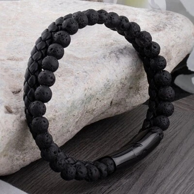 8inch Men's Lava Rocks Beads Braided Leather Bracelet Magnetic Clasp Cuff Bangle - Image 1 of 4