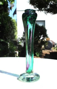Vintage Bud Vase Hand Blown Art Glass Green Purple Tall 9" - Picture 1 of 14
