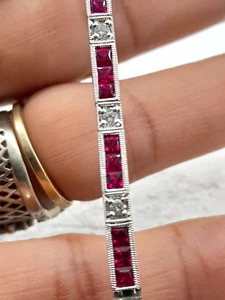 1940's art deco 18k 2 ct French cut Rubies .62ct diamonds milgrain line bracelet - Picture 1 of 16